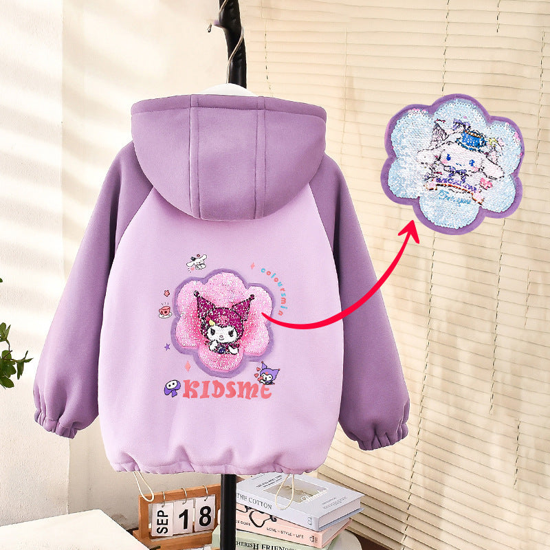 Girls autumn and winter thickened fleece jacket cardigan zipper Korean style sequins cartoon warm kindergarten children middle children