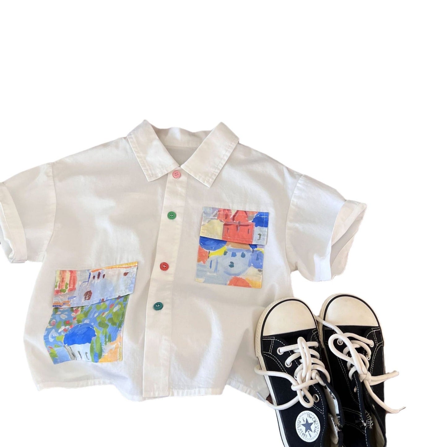 Children's clothing shirts 2024 summer new boys colorful buttoned versatile short-sleeved shirts T-shirts children's fashion shirts