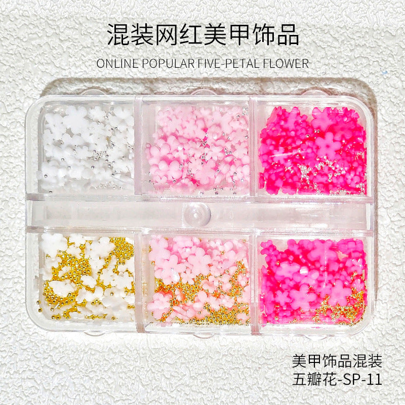 Internet celebrity popular five-petal flower nail art accessories 2023 mixed flowers new three-dimensional small flower nail diamond accessories