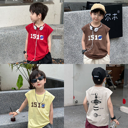 Amo Beibei children's clothing children's cotton comfortable vest 2024 summer boys handsome digital planet loose top