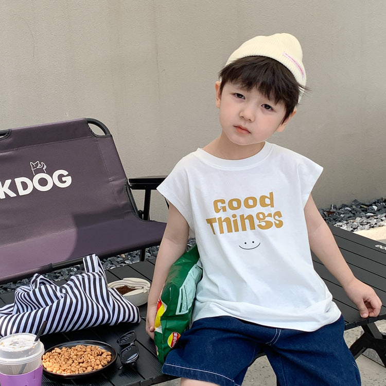 Children's clothing 2024 summer boys handsome loose letter smiley face vest trendy baby Korean version sleeveless sports top trendy