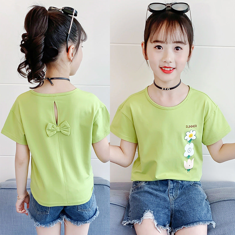 Girls summer short-sleeved T-shirt new style fashion print round neck T-shirt cute bow casual cotton top