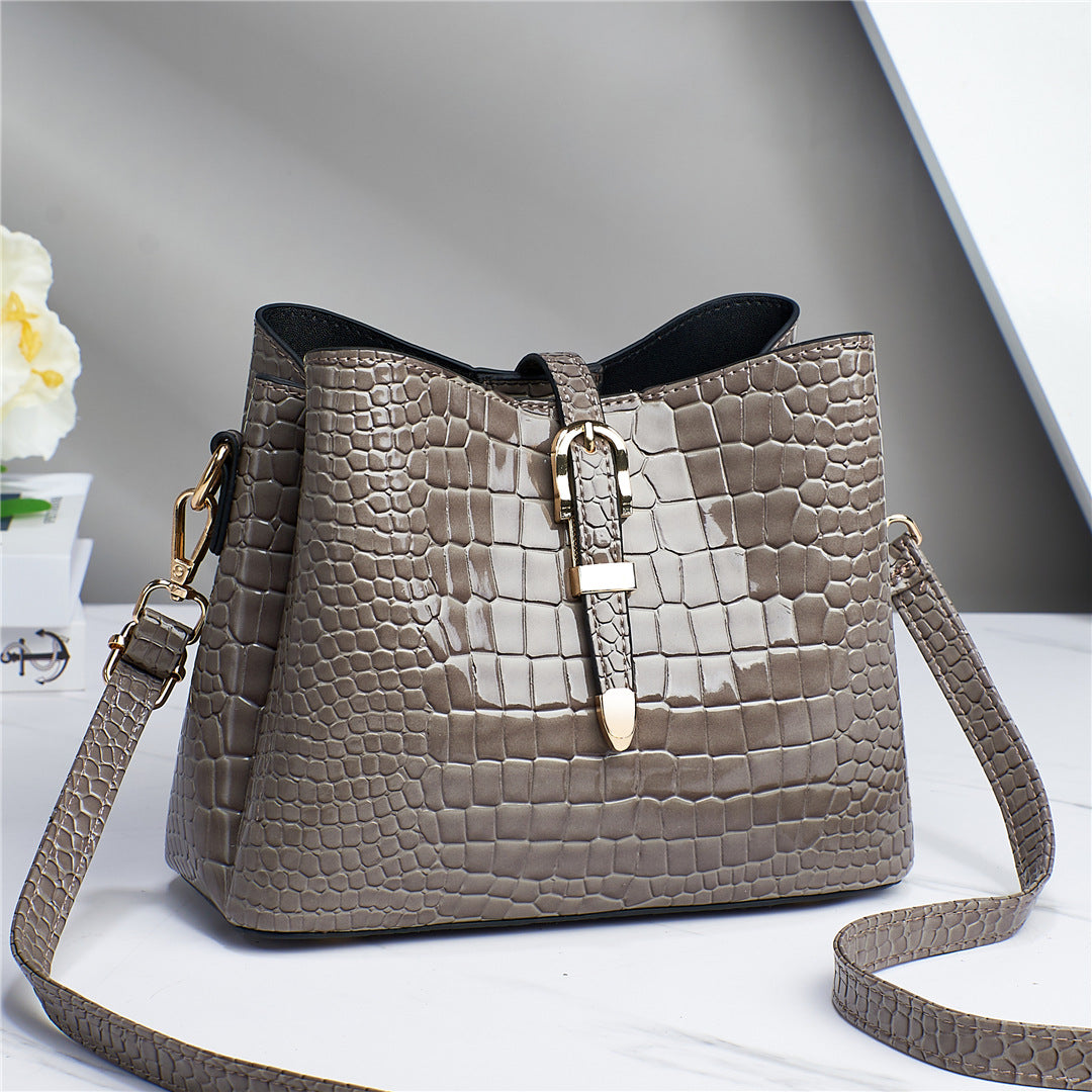 2024 New Style Bright Leather Stone Texture Simple and One-Shoulder Portable Cross-Border Large Capacity Bucket Bag for Women