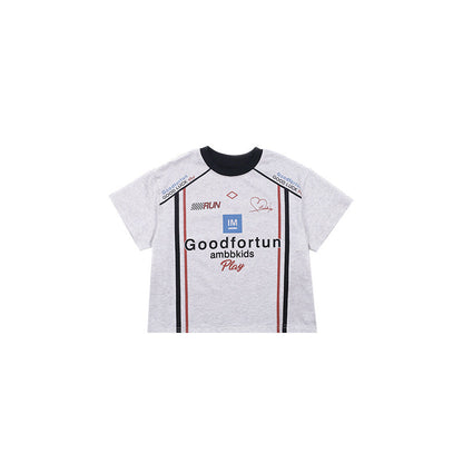 Amo Beibei Boys 2024 Summer Sports Motorcycle Style Letter T-shirt Baby Front and Back Color Matching Short Sleeve Top