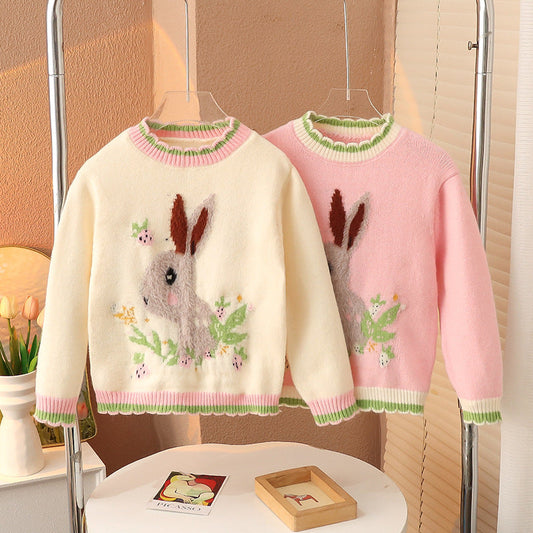 Winter girls baby cartoon bunny sweater fluffy sweater elastic children warm thick bottom outer wear trendy