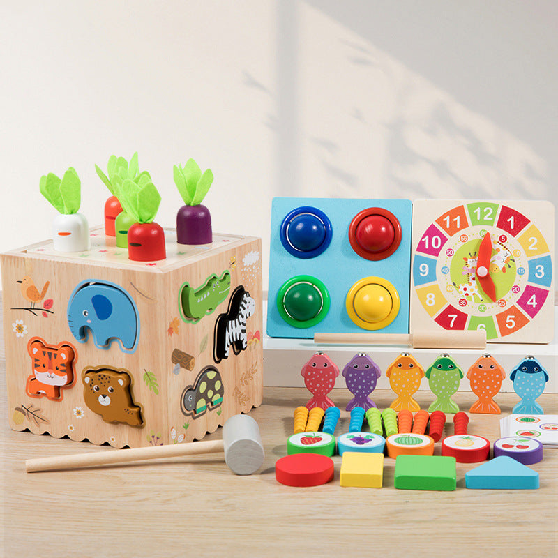 Multifunctional wooden Montessori eight-in-one ball-knocking animal matching fishing intelligence box early education educational toys for young children