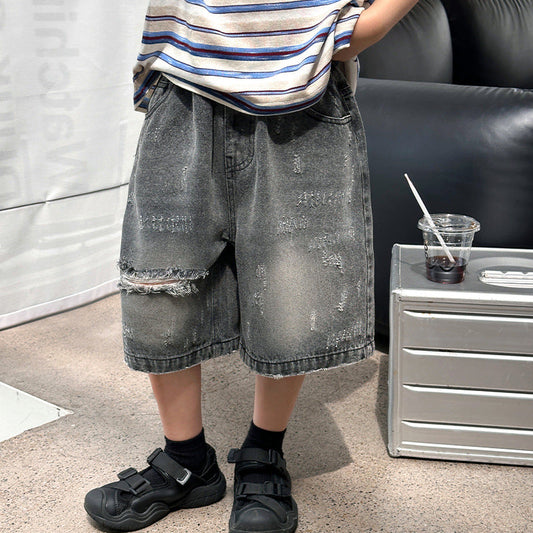 Children's pants boys denim shorts baby loose ripped shorts summer new boys breathable straight pants