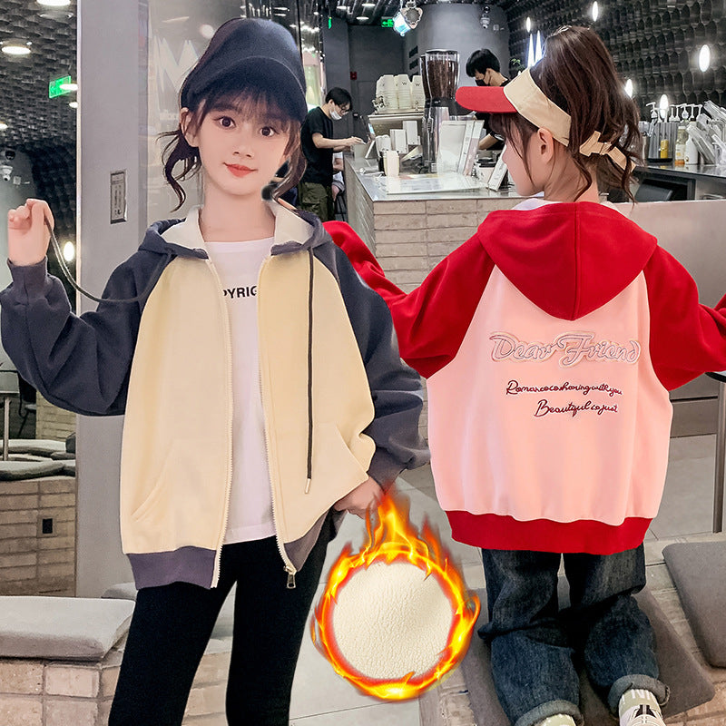 2024 autumn and winter new boys and girls jacket cardigan hooded contrast color loose school season campus primary school middle school trend