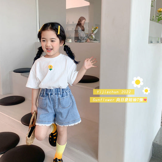 2024 Summer New Korean Children's T-shirt Children's Small Flower Casual Loose Short Sleeve Boys and Girls Baby Bottom T-shirt