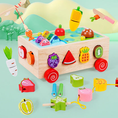 Children's educational bead fishing fruit cutting game seven-in-one multifunctional trailer toy wooden toy 