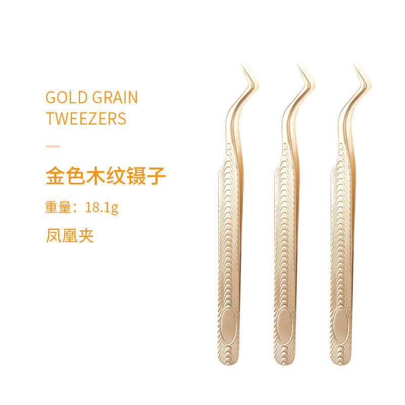 Wholesale eyelash extension auxiliary tools stainless steel gold wood grain tweezers multifunctional flowering tweezers