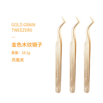 Wholesale eyelash extension auxiliary tools stainless steel gold wood grain tweezers multifunctional flowering tweezers