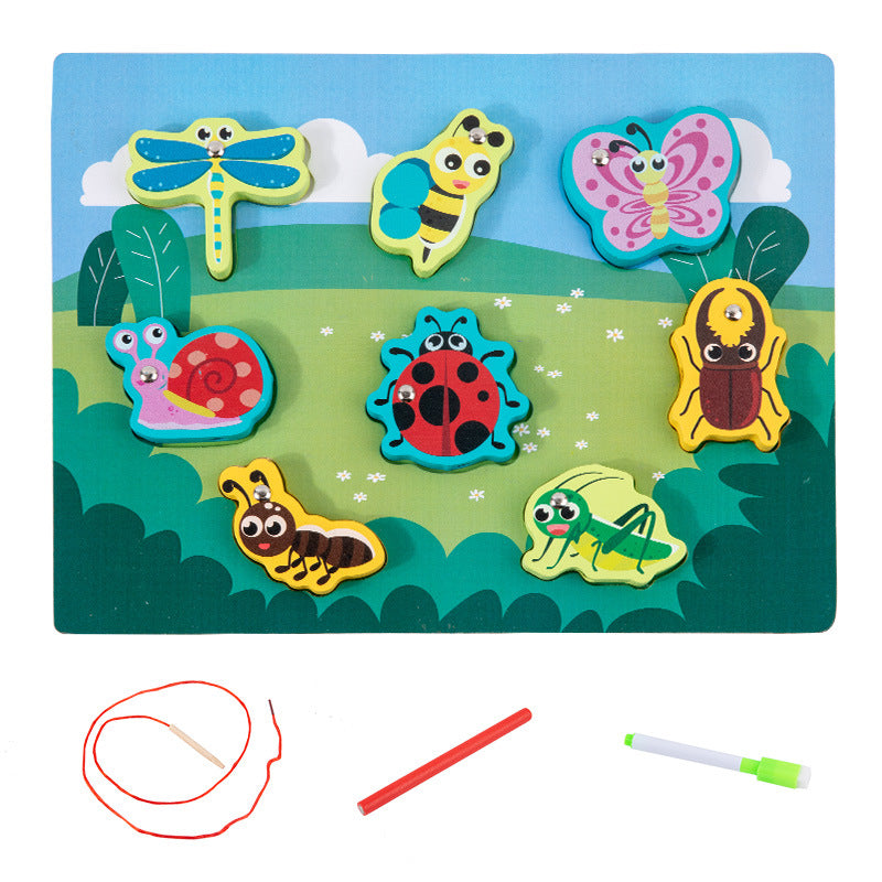 Children's wooden double-sided multifunctional pairing board threading rope drawing board children's fishing string jewelry educational toys