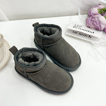 Amo Beibei children's winter mid-calf boots for boys and girls imitation wool one-piece velvet cowhide warm snow boots trend