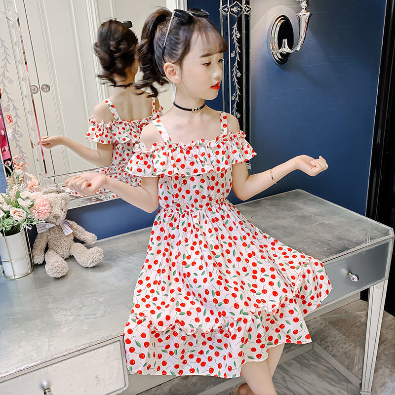 Girls dress summer 2024 new sling earrings off-shoulder dress sweet Bohemian holiday cherry long dress