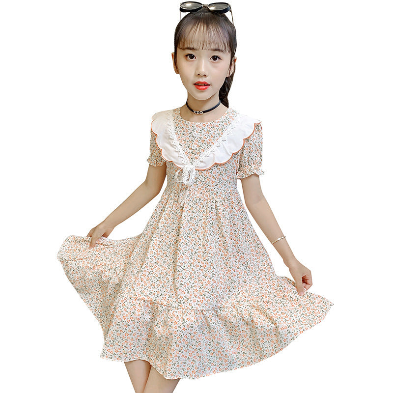 Girls short-sleeved dress 2024 summer new children's chiffon floral dress middle and large children's pastoral style dress