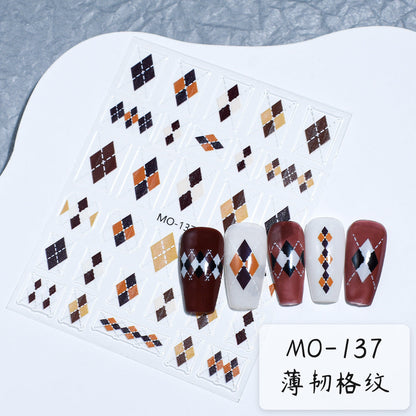 Autumn and winter nail stickers diamond check Maillard relief thin tough caramel black and white checkered sweater stickers