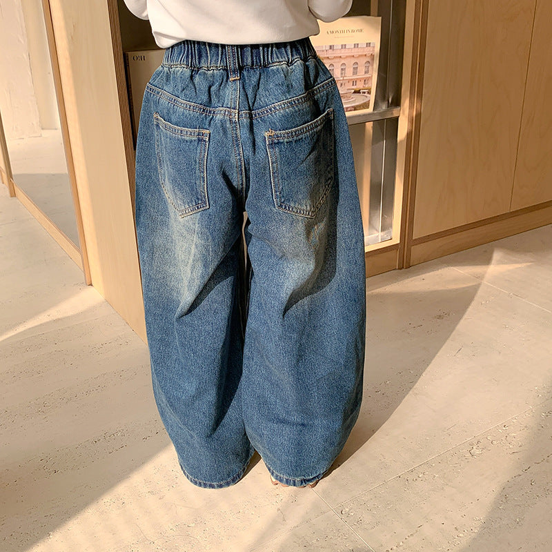 2024 Spring and Autumn Children's Jeans Korean Gradient Boys and Girls Straight Pocket Jeans Baby Fashion Pants