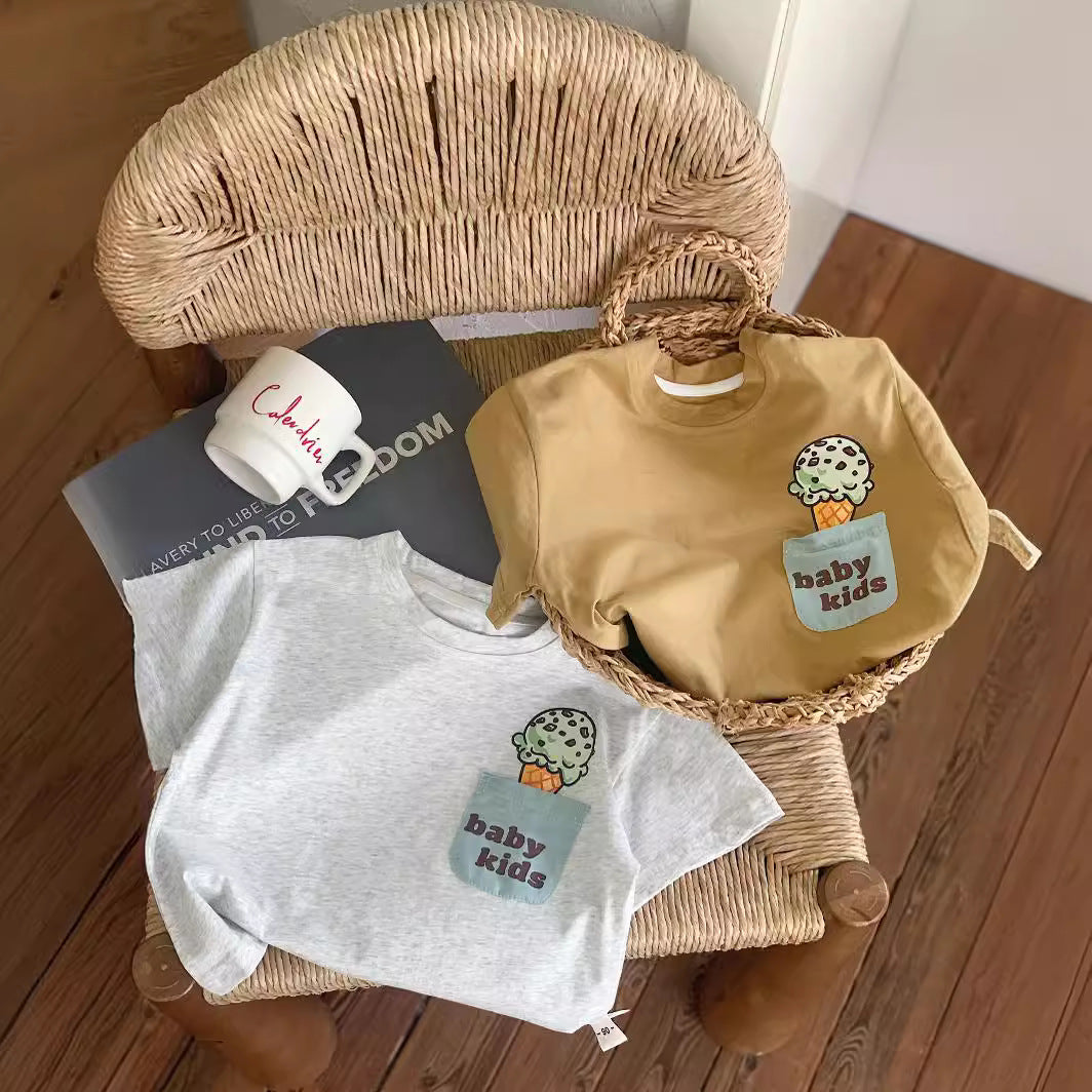 Children's T-shirt Bangcheng 2024 summer new children's clothing pocket ice cream short T boy short-sleeved top trend G0229