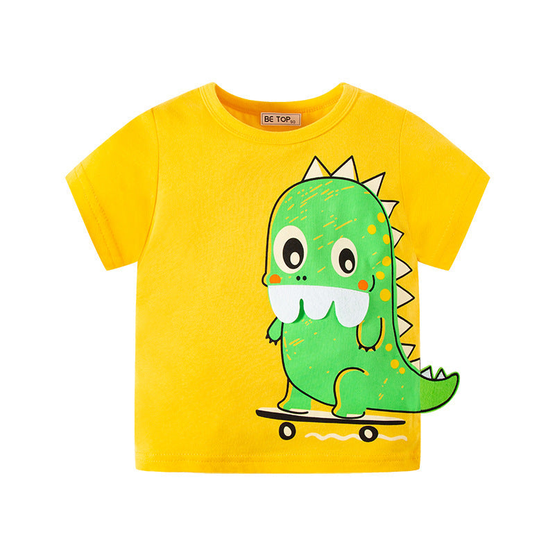 2024 Summer Short-sleeved T-shirt Children's Cartoon Dinosaur Tops Small and Medium Children's Round Neck Sweater Manufacturers One Piece Dropshipping