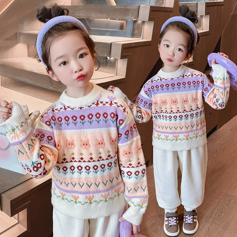 Boys and girls winter thickened sweater cartoon sweater thick wool bottom round neck street style children kindergarten soft