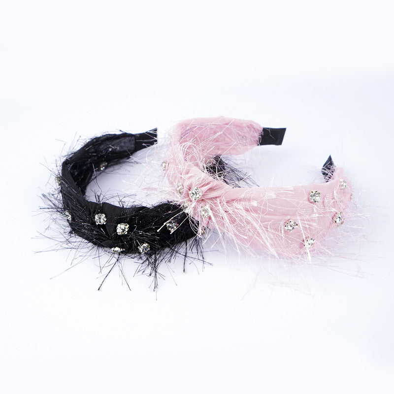 New French headband for women European and American ethnic style rhinestone knotted head buckle wide edge wool beard cloth tassel headband hair cave women