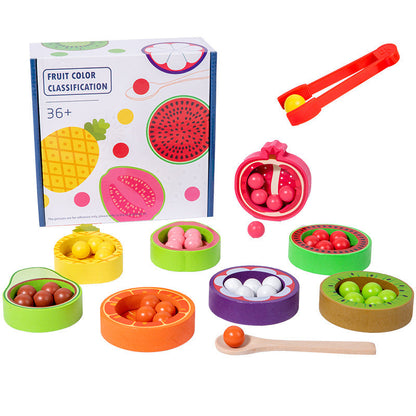 Children's wooden exercise baby hands-on parent-child interactive fruit recognition color classification clip beads educational toys