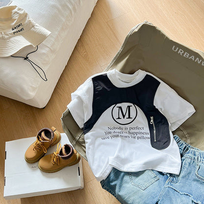 Amo Beibei children's fashionable fake two-piece tops 2024 summer boys handsome letter contrast color waistcoat T-shirt trend