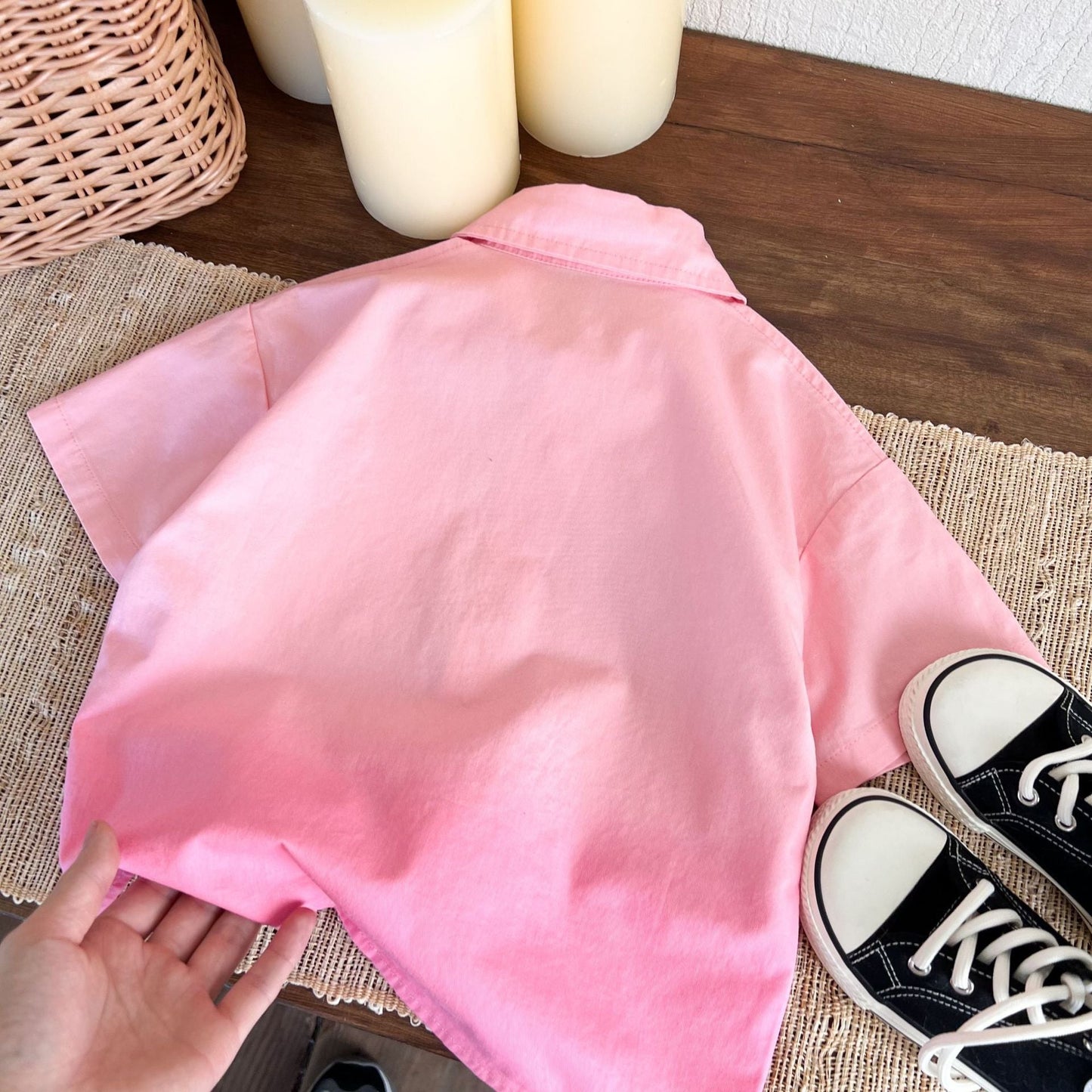 Children's clothing 2024 summer new boys' gradient dyed short-sleeved shirt children's trendy casual versatile pink shirt