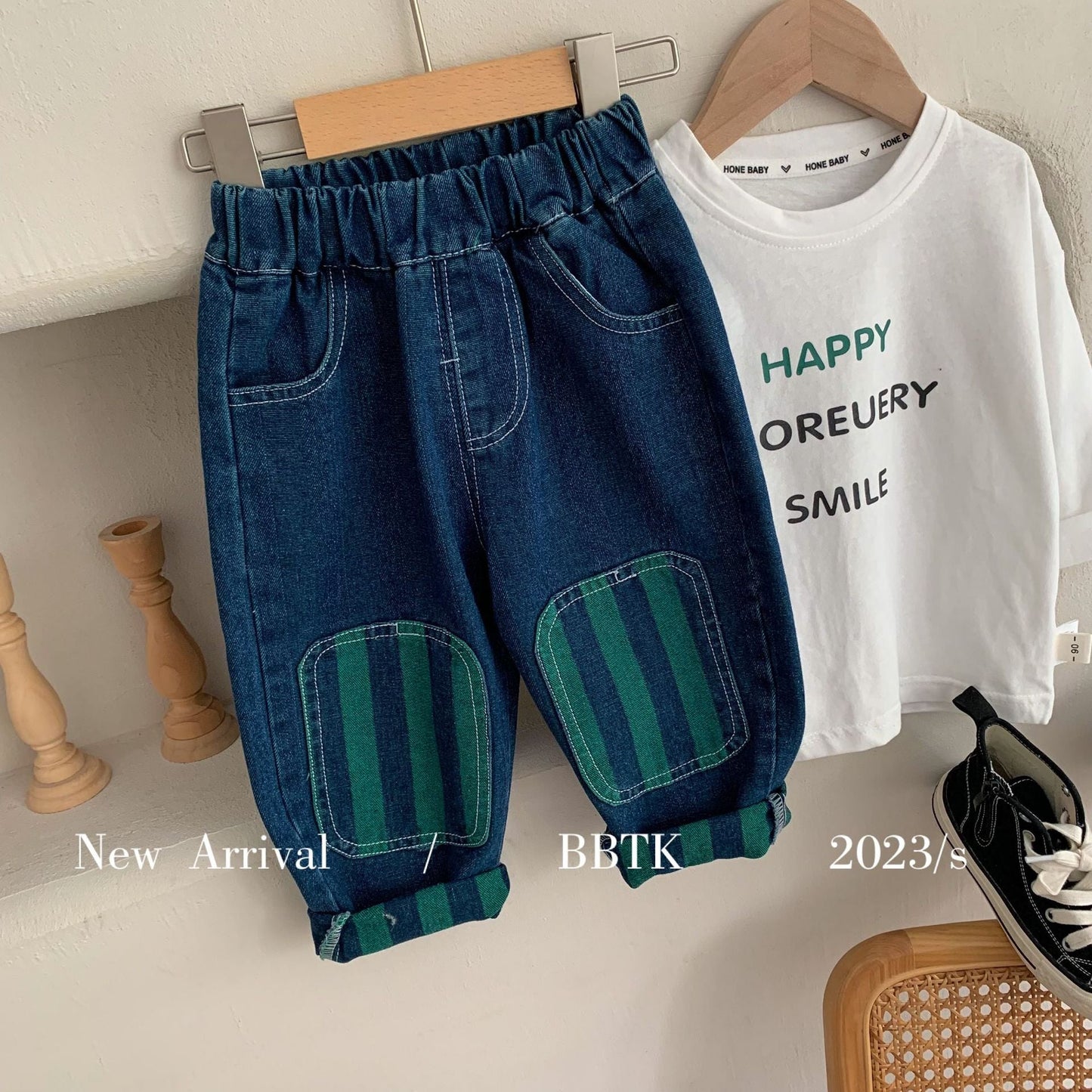 Children's trousers 2024 Bangcheng Spring New Boys Korean Fashion Casual Patch Striped Jeans C0226