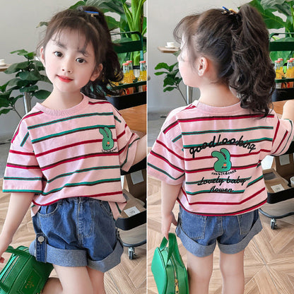 Children's summer short-sleeved tops cotton T-shirt striped shirt elastic loose small children kindergarten primary school fat sweat tide