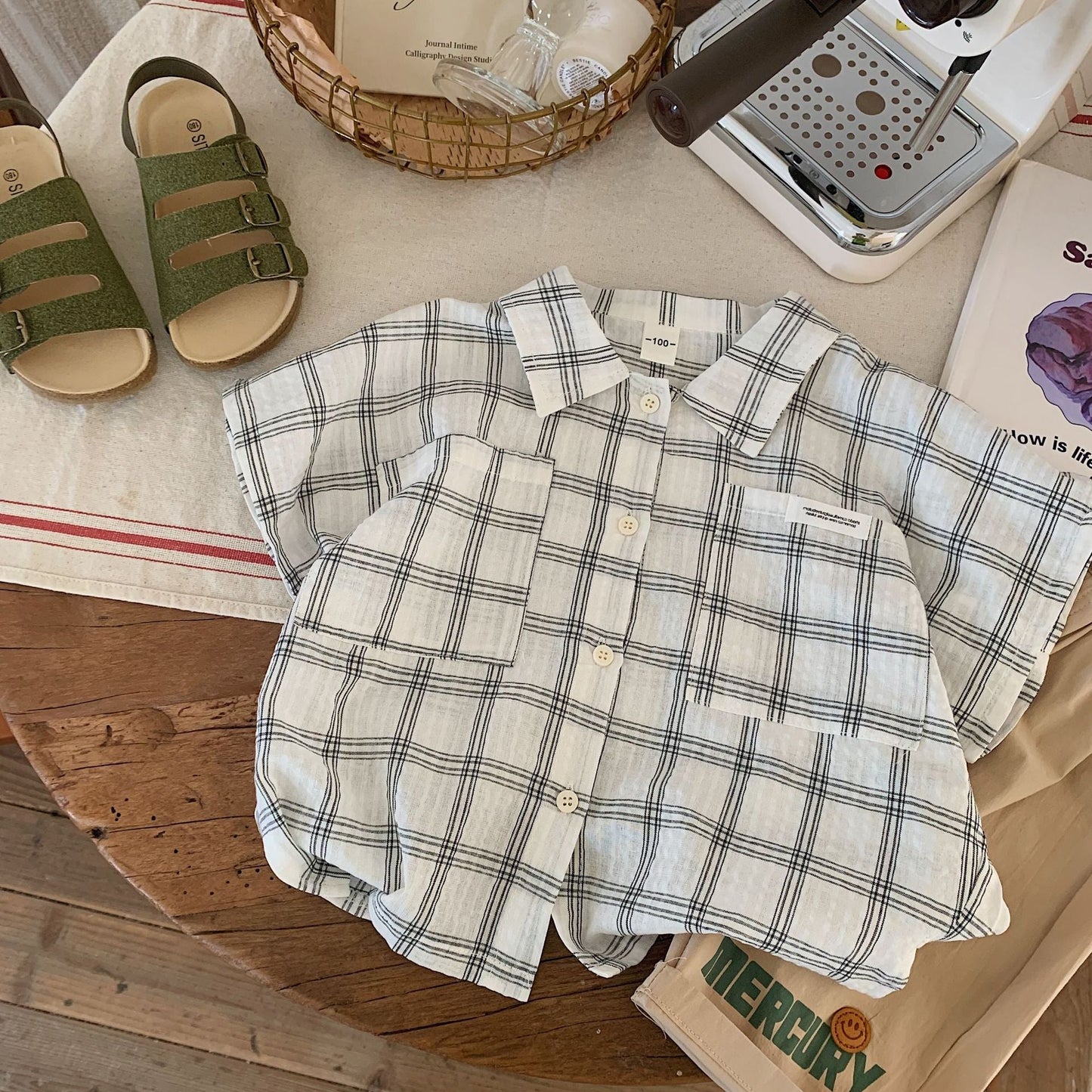 Children's shirt 2023 Bangcheng summer style boys and small children's simple plaid short-sleeved shirt casual top trend F0106