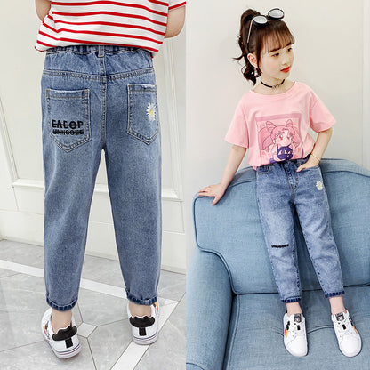 Girls jeans 2024 new spring and autumn children's middle and large children's fashionable long pants loose fashionable pants trend