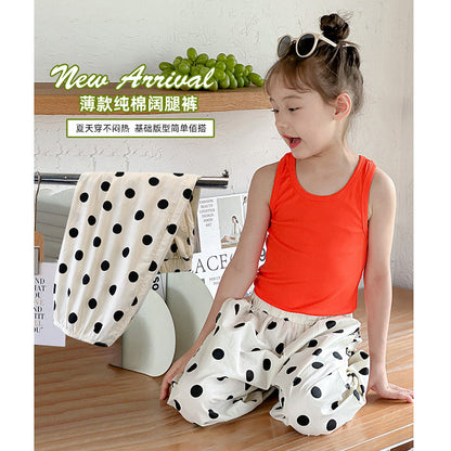 Children's summer cotton bloomers anti-mosquito pants pure cotton polka dot cuffs thin cool fat wide pants boys and girls wide-leg pants