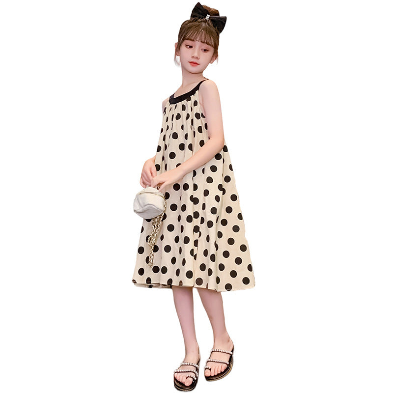 Girls summer cool sling big polka dot skirt cotton dress Japanese style sweet retro pure cotton cloth student