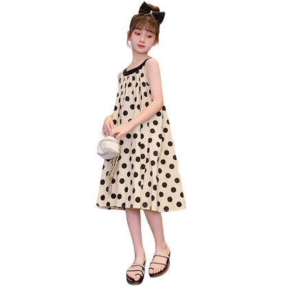 Girls summer cool sling big polka dot skirt cotton dress Japanese style sweet retro pure cotton cloth student