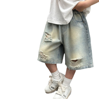 Boys summer ripped denim shorts 2024 new children's clothing shorts boys summer handsome loose pants