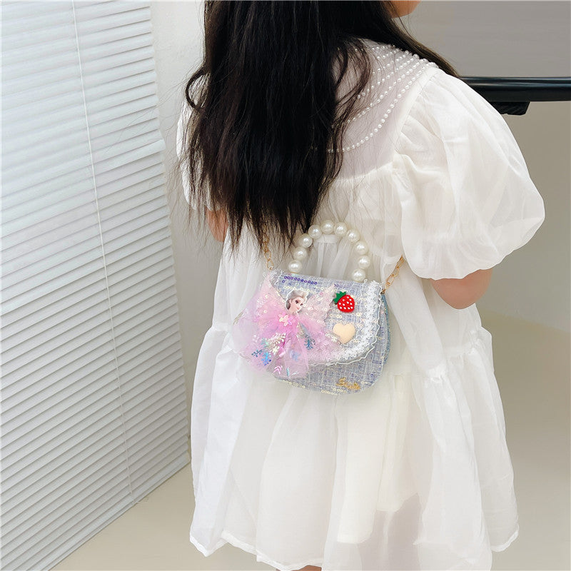 Children's Bags Girls Cute Little Princess Crossbody Bag Cartoon Little Girl Pearl Handbag Versatile Chain Shoulder Bag