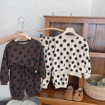 Children's suit 2024 Bangcheng Spring Boys and Girls Korean Polka Dot Casual Round Neck Sweater Two-piece Suit Trendy F0335