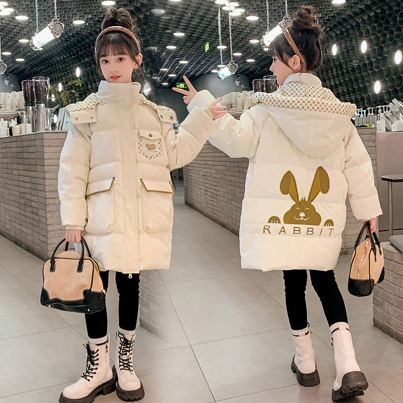 2024 new cotton-padded jacket for girls, bunny, lengthened and thickened, Korean style, cartoon, middle and large children's kindergarten