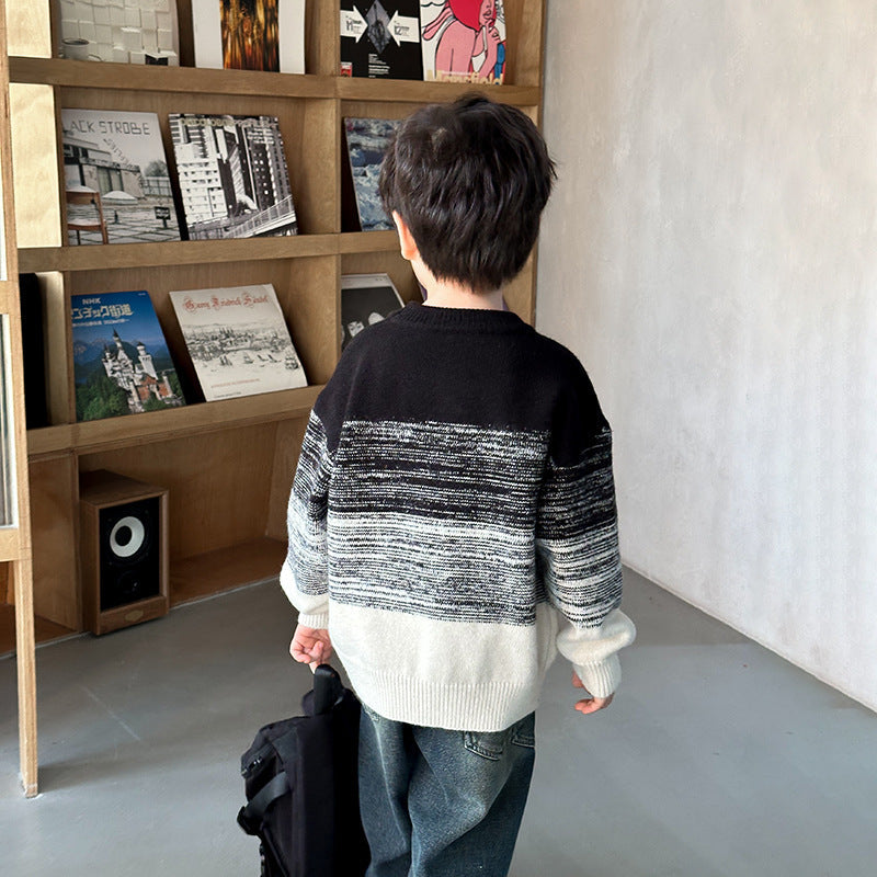 Amo Beibei children's 2023 winter thick warm cashmere sweater for boys and girls baby contrast color knitted sweater trend