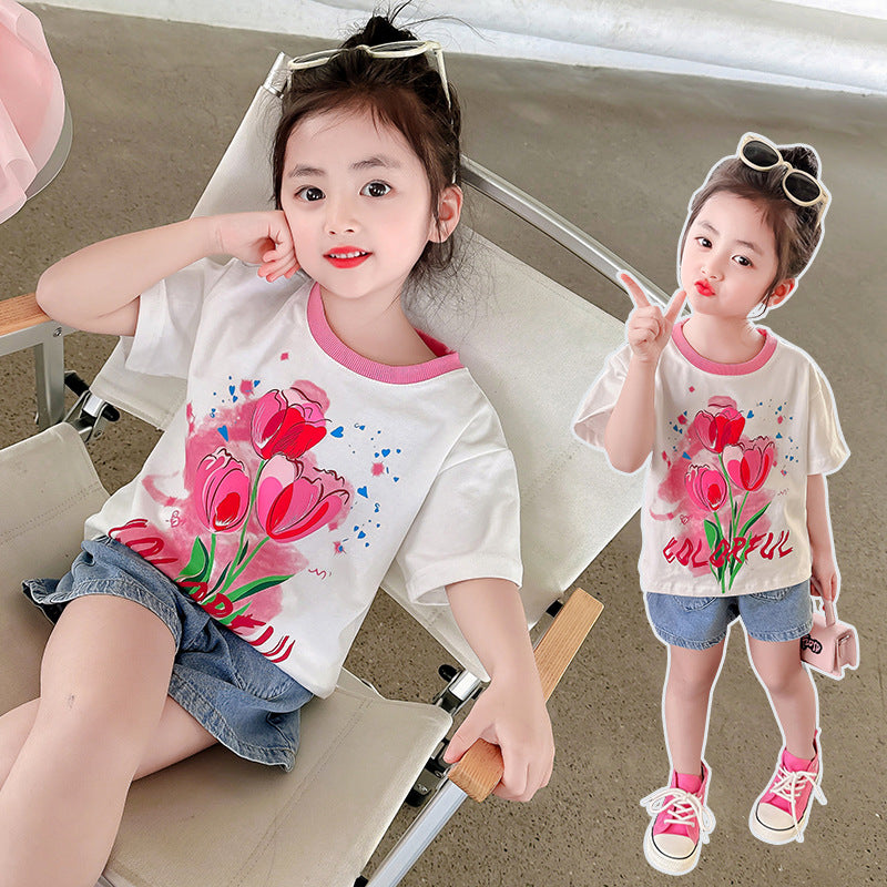 Girls summer short-sleeved tops cotton T-shirt with printed contrasting colors loose elastic fat tulip kindergarten elementary school trendy