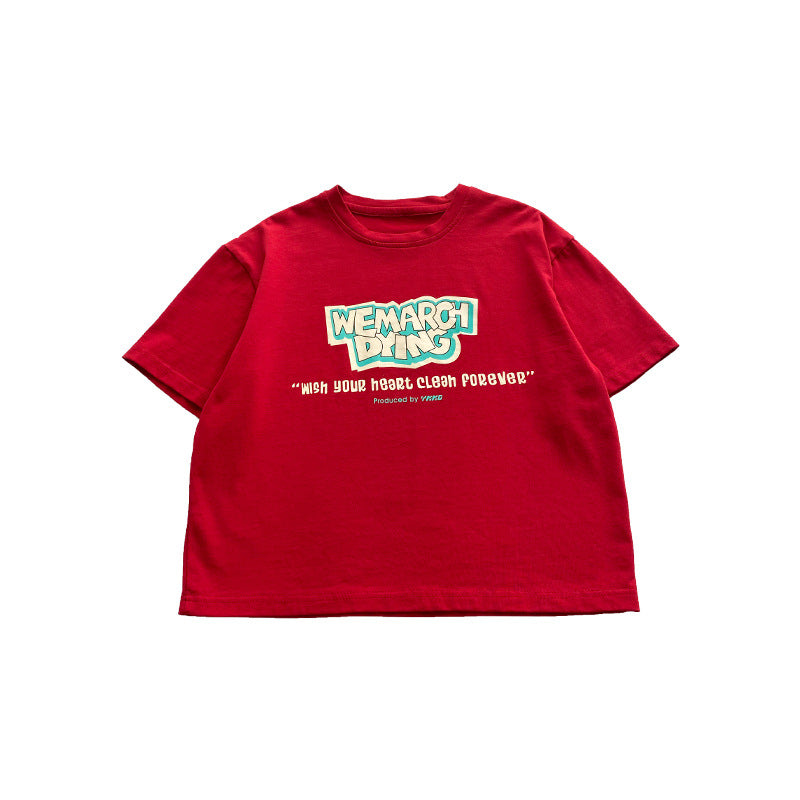 Mikoshi children's clothing boys T-shirt short sleeve 2024 new summer red half-sleeved top children's loose T-shirt trend