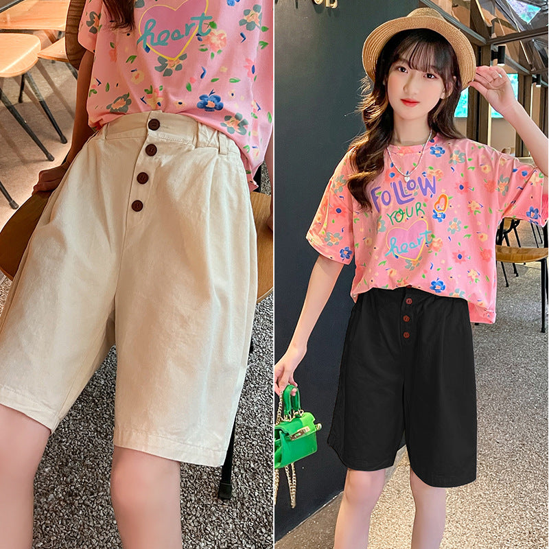 Girls 2024 summer new style medium and large children's shorts thin shorts children's pure cotton outer wear medium pants trendy