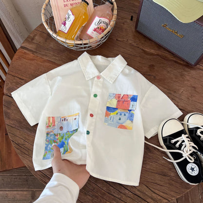 Children's clothing shirts 2024 summer new boys colorful buttoned versatile short-sleeved shirts T-shirts children's fashion shirts