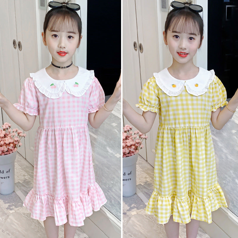 Girls short-sleeved dress 2024 summer new style wood ear edge doll collar plaid skirt girl cotton sweet long skirt