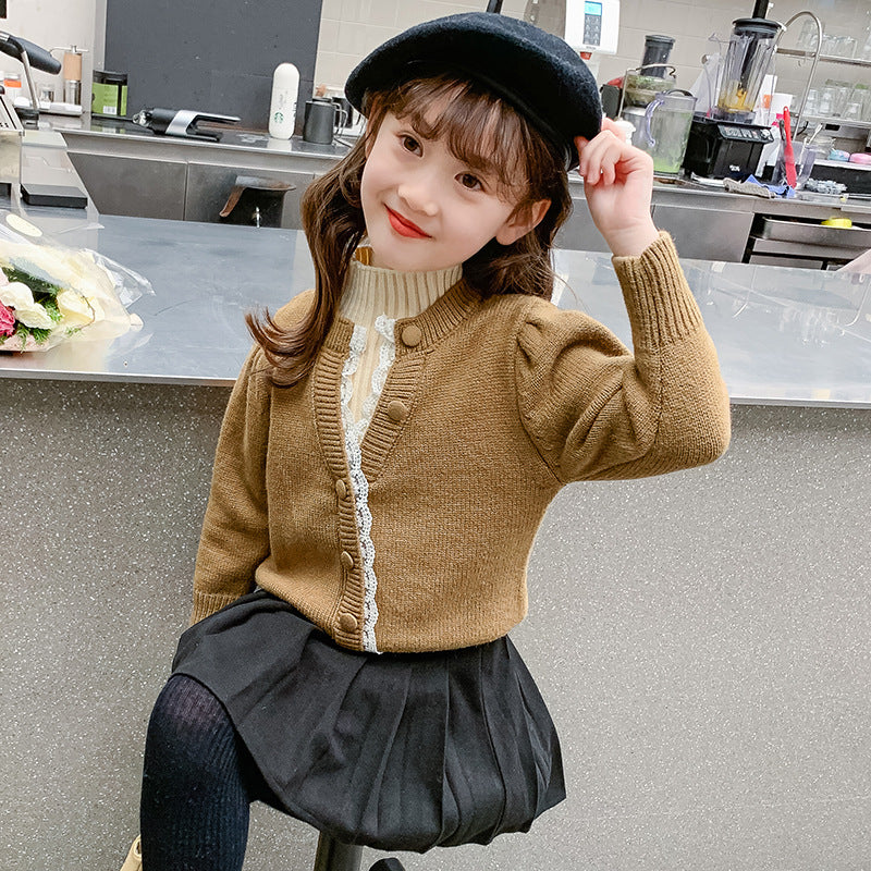 Girls' fake two-piece sweater Korean style button sweater warm base fragrance style lace sweater elastic Japanese style middle and small children