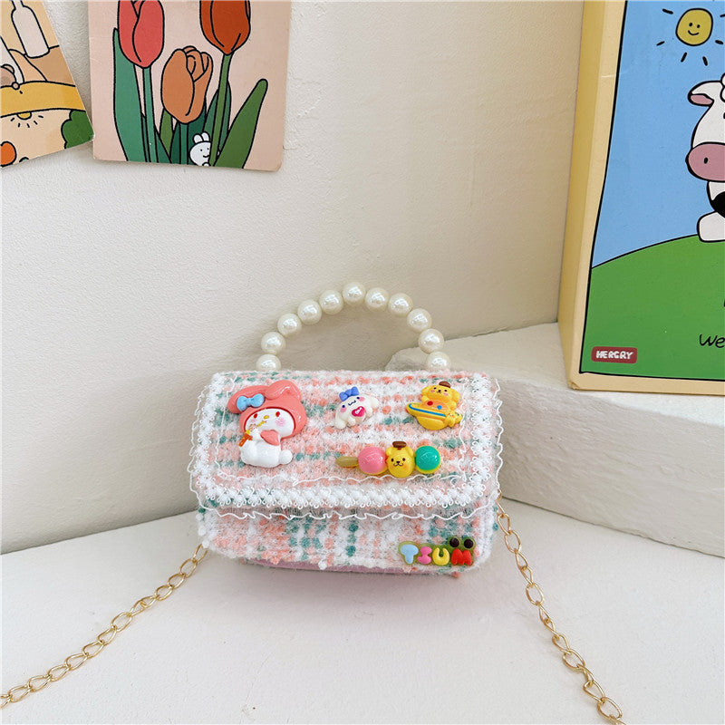 Autumn and winter stylish children's small square bag female fashion girl contrast color chain shoulder bag simple beaded handbag wholesale 