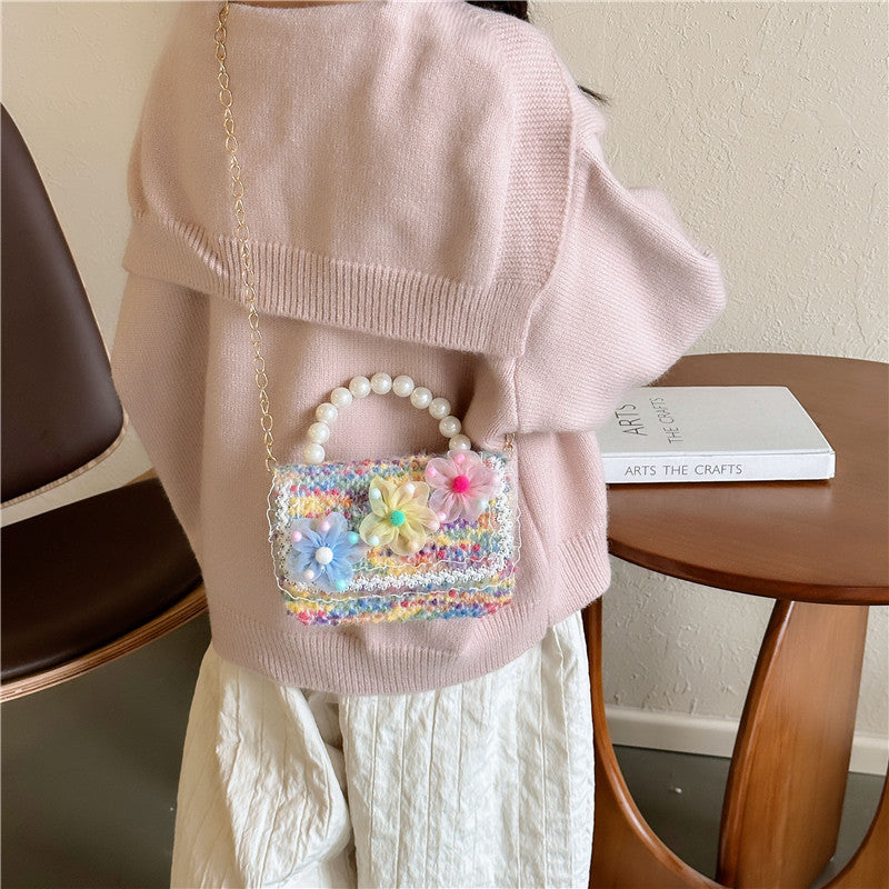 New diamond pattern children's bag fashionable pearl handbag simple chain crossbody small square bag small Chanel style shoulder bag