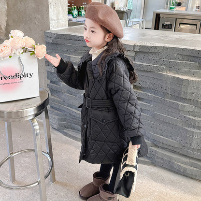 Girls 2024 new cotton coat plaid quilted cotton light cotton coat with extended waist belt Korean campus style cotton coat trendy